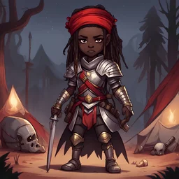Abadi is female with dark skin pulled up dreads with a red headband and is a injured redguard soldier in silver and gold armor guarding a camp in the dead of night against vampires, in chibi art style
