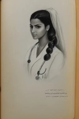 Pencil sketch of Young woman , nurse , Arab features,sad, long wavy hair, full body، on lined paper