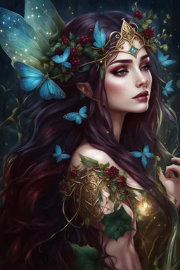 Burgundy hair, dark hair,dark red , rapunzel hair,very long hair,dark fairy princess,elven crown,night,dragonflies,beautiful,ong ashes,golden armor ,sparkle,night blooming,ivy,dark green,lilly of valley,golden elven crown