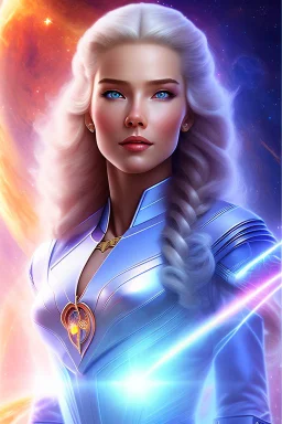 cosmic young woman admiral from the future, one fine whole face, large cosmic forehead, crystalline skin, expressive blue eyes, blue hair, smiling lips, very nice smile, costume pleiadian, rainbow ufo