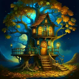 a whimsical, tree-house style dwelling nestled within the twisting branches of a large, autumn-hued tree. The curved stone structure has warm, glowing windows and a blue door, giving it an inviting, cozy appearance against the deep teal night sky. The golden leaves filter the moonlight, creating an enchanting, storybook atmosphere.