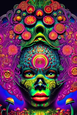 Illustration, Psychedelic art, human eye in a forest full of colourful mushrooms, vivid colours, intricate details, maze, gears, in the style of H.R.Giger, , ultra detailed, photorealistic, top light, 35mm lens, fish-eye