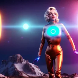 Realistic movie image, retro sci-fi, portrait, blonde action woman, sweet Marylin Monroe face, perfect iris, glow eyes. tight latex tights suit. Mars attack style, Retro strange planet, ovni, two moons. epic style, vibrant color, highly detailed, unreal engine 5, ray tracing, RTX, lumen lighting, ultra detail, volumetric lighting, 3d, finely drawn, high definition, high resolution.