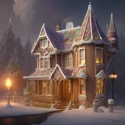 rambling, victorian house made of gingerbread and vibrant candy, 8k resolution, centered, high-quality, ultrafine-detail, digital art, detailed matte, volumetric lighting, illustration, 3D octane render, brian froud, howard lyon, greg rutowski, George Grie