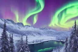 Northern lights, snowy mountains, night time