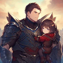 Boy wearing leather armor protecting wife and kid