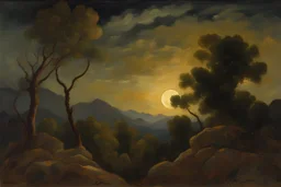 Night, clouds, trees, mountains, rocks, rodolphe wytsman impressionism paintings