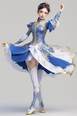 ballerina outfit, blue, blue and white tones, with gold patterns in the style of genshin impact
