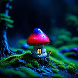 "Close up of a wonderful tiny Mushroom Tower home. Red and bluewith bright white, deep black and contrasting tones of gray magenta and violet colors. Illuminated bioluminescent forest. Professional painter, master at composition. small but detailed. broken, blurred background, voluminous lighting"