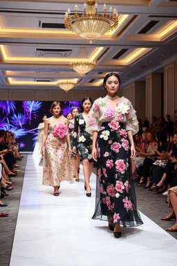 a fashion show of lady models in a luxury hall ,models come in different modern clothings made of hundereds of pretty flowers