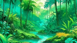 Paisaje tropical → Exuberancia biológica → Ecología → Selva lluviosa → Realismo mágico → Ilustración naturalista → Palmeras, lianas y roca húmeda → Profundidad envolvente → Lluvia difusa → Verdes saturados y turquesas → Vitalidad