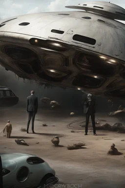 Hieronymus Bosch style nightmare huge ufo spaceship hovering above a car