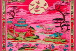 A pink archives with pink arcane magic designed in Kuna molas painted by Utagawa Hiroshige