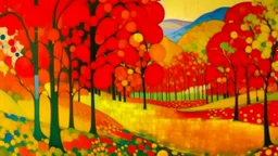 A red plain with ginkgo biloba trees painted by Wassily Kandinsky