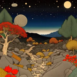 Colourful, peaceful, Max Ernst, Egon Schiele, night sky filled with galaxies and stars, rocks, trees, flowers, one-line drawing, sharp focus, 8k, deep 3d field, intricate, ornate