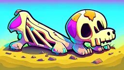 chibi-style bony animal bones, big ribs pointing up, lying on the ground, cartoony, colorful, exaggerated, simplified,