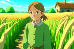 A Russian girl looks at a green wheat field and walks and looks at me smiling, and in front of us is a rural village studio ghibli