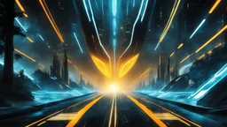 tron legacy movie, creatures,, space ships, city of the future, trees , forest, yellow, blue, red, orange