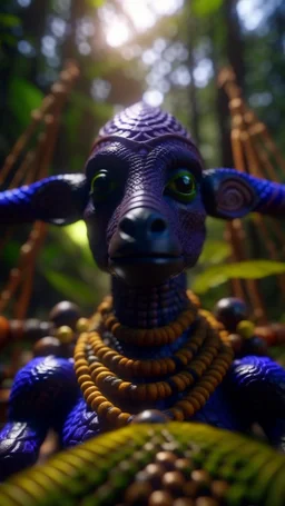 close up portrait of a happy blessed buffalo soldier space alien woven into a sacred geometry knitted tapestry hammock over an ant hill in the middle of lush magic jungle forest, bokeh like f/0.8, tilt-shift lens 8k, high detail, smooth render, down-light, unreal engine, prize winning