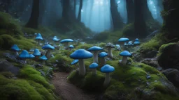 Photoreal gorgeous many blue and green giant mushrooms as far as the eye can see with a winding rocky path through them in the pitch black underdark of the Forgotten Realms. otherworldly creatures, in the style of fantasy movies, shot on Hasselblad h6d-400c, zeiss prime lens, bokeh like f/0.8, tilt-shift lens, 8k, high detail, smooth render, unreal engine 5, cinema 4d, HDR, dust effect, vivid colors.