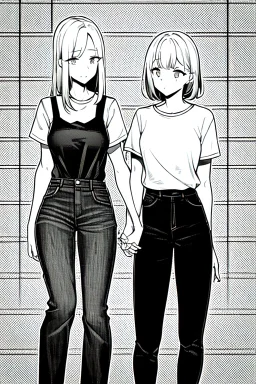 an elegant girl and another dressed in jeans and a T-shirt walk in Tokyo, line arts, greyscale