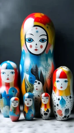 A white cloudy sky with icy music notes designed in Matryoshka dolls painted by Paul Klee