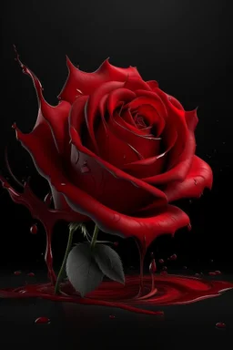 an exciting illustration of a red rose with petals, completely made with transparent red paint flowing down a dark glossy surface, a light spot on the rose, a dark empty background, liquid splashes, complex details, photorealistic