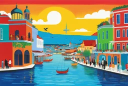 [dask surreal fantasy illustration by David Hockney] In a slightly altered version of our world, Istanbul pulses with life where the ancient and the fantastical intertwine. Markets brim with vibrant colors and enticing aromas, while cafes buzz with the chatter of locals and travelers alike. The Bosphorus Strait, shimmering under the sun, serves as both a stunning natural barrier and a vital artery, separating continents and cultures.