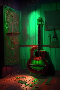 dramatic, art nouveau acoustic guitar with 6 steel strings, an 80s music jukebox with a soft red glowing light behind it. An emerald green wall behind the guitar and jukebox. A splintered wood plank floor below the guitar and jukebox with beer stains on the floor. a dart board on the wall. slightly smokey atmosphere