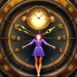 a girl going inside a big clock portal, a clock as a time travel machine, glowing, luminescent, realistic, intricately detailed, meticulously detailed