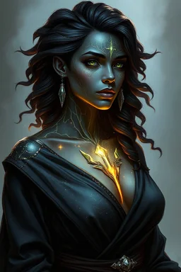 Please generate a female earth genasi cleric in the tempest domain for D&D. She should have dark-colored skin with glittering sparkles like gem dust. She should have lines marking her skin like cracks, showing glimmering gem-like veins and a faint glow. Her hair should appear carved of crystal. She should be in her mid-40s and curvy and fully-clothed in cleric robes.