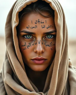 Dune Movie. fullbody woman deep blue eyes wearing a robe or cloth that covers her head and upper body. The cloth appears rough and has a texture similar to coarse woven cloth. The color of the cloth is light brown or cream with a pattern that is not very clear. The woman's face is tattooed with ancient messianic arabic text script verses.