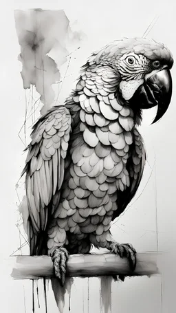 mixpnk style, scribbly scribbles pen and ink small line pencil sketch of parrot. intricate details and precisely drawn in style of jeremy mann, painting, illustration, conceptual art