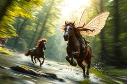 oil painting ,motion blur running caped long haired pixie Quickling - Forgotten Realms dodging harpies above water and along winding branches in lush green forest along speeding horses , bokeh like f/0.8, tilt-shift lens 8k, high detail, smooth render, down-light, unreal engine, prize winning