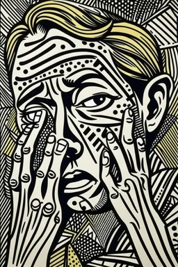 tribal man in grief with hands on face pencil draw style of roy lichtenstein