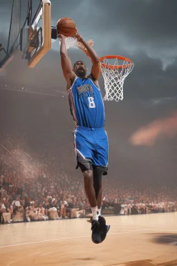 8k, highly realistic and detailed image of a NBA basketball player in action dunking the ball in the net, sweaty hair, screaming look,action and smoke and flames background