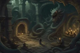 a fantasy dungeon with serpentine monsters