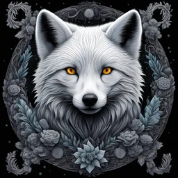 arctic fox I centered | symmetrical | key visual | intricate | highly detailed | iconic | precise lineart | vibrant and natural all round colors | comprehensive cinematic | very high resolution | sharp focus | poster | no watermarks I plain black background I image to fit within the square