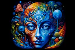 a surreal and artistic representation of a human head. The right side of the head is opened, revealing an intricate inner world. Inside, there are vibrant elements such as colorful mushrooms, tunnels, and radiant lights. The eyes are detailed and realistic, with blue irises. The overall composition creates an ethereal and fantastical atmosphere. It’s a captivating blend of organic shapes and geometric patterns, inviting viewers to explore the depths within the mind. 🌟🍄🌈