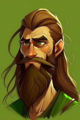 Gnom, braune lange wilde Haare, große Nase, gepflegter sehr kurzer Bart, grüne Augen, schlank, hübsch, jung