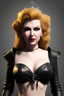 Lana Turner as evil queen in black leather, leather, busty, cleavage, angry, stern look. character design by cory loftis, fenghua zhong, ryohei hase, ismail inceoglu and ruan jia. unreal engine 5, artistic lighting, highly detailed, photorealistic, fantasy