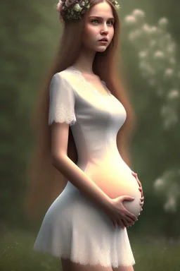 girl, cute, beautiful, pregnant, cottagecore dress, long hair, brown hair, wedding ring