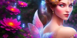 bright fairy, beautiful portrait, flowery landscape