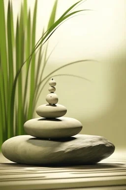 delicate background with spa stones and bamboo stem, in the background there is a balancing female figure statue, photorealistic photo