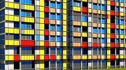 estilo de Mondrian arquitectonico 2K. fachada de edificio con balcones que son cajas de hormigon cerradas. cuadricula de ladrillo con ventanas que no siguen patron -- 8k