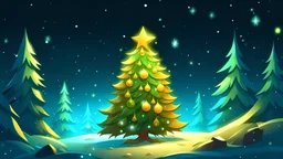 fantasy cartoon style illustration: a golden star on top of the decorated Christmas tree, in the snow