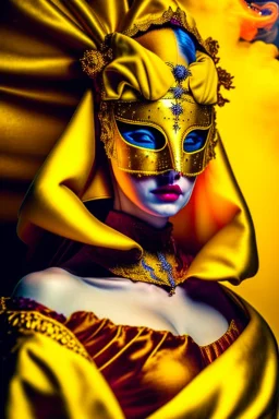 Planet Venus portrayed as a beautiful masked woman wearing medieval robes, her sihlouette is engulfed in yellow vapor and translucid fire, underneath her beauty hides a chaotic inferno of passion and violence