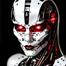 a raw photo of a fembot, natural lighting ,looking at the viewer, attractive, accessories, highly detailed, red eyes,