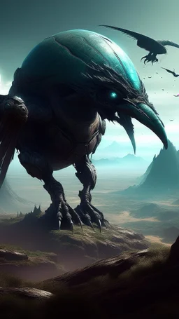 sci fi planet, alien bird monster, view from distance