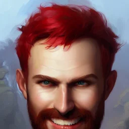 a _ fantasy _ style _ portrait _ painting _ of white male short fringe red hair short head smiling beard round face rpg dnd oil _ painting _ unreal _ 5 _ daz. _ rpg _ portrait _ extremely _ detailed _ artgerm _ greg _ rutkowski _ greg